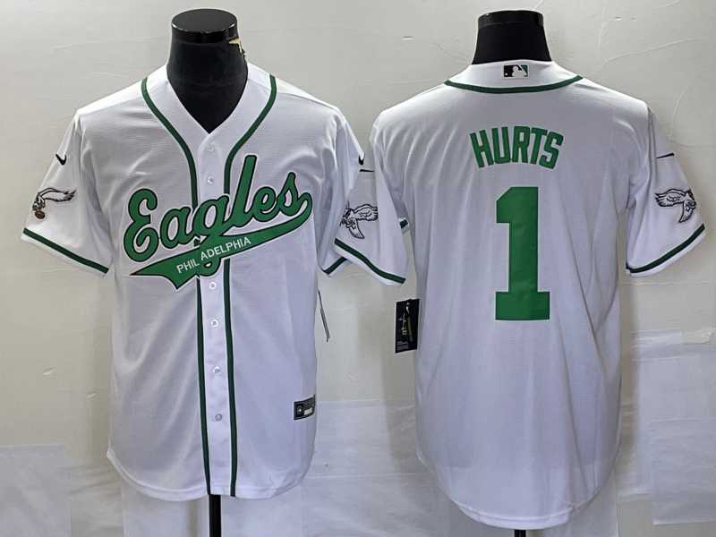 Mens Philadelphia Eagles #1 Jalen Hurts White Cool Base Stitched Baseball Jersey1